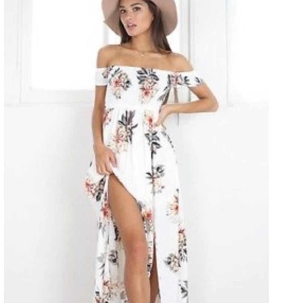 “Belle” // White floral maxi split dress